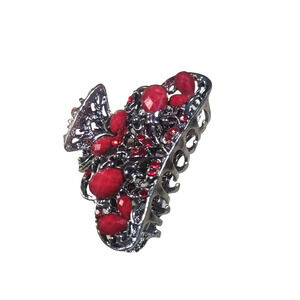 Red Silver Tone Hair Barrette Alligator Clip Bright Color Bling Statement Piece